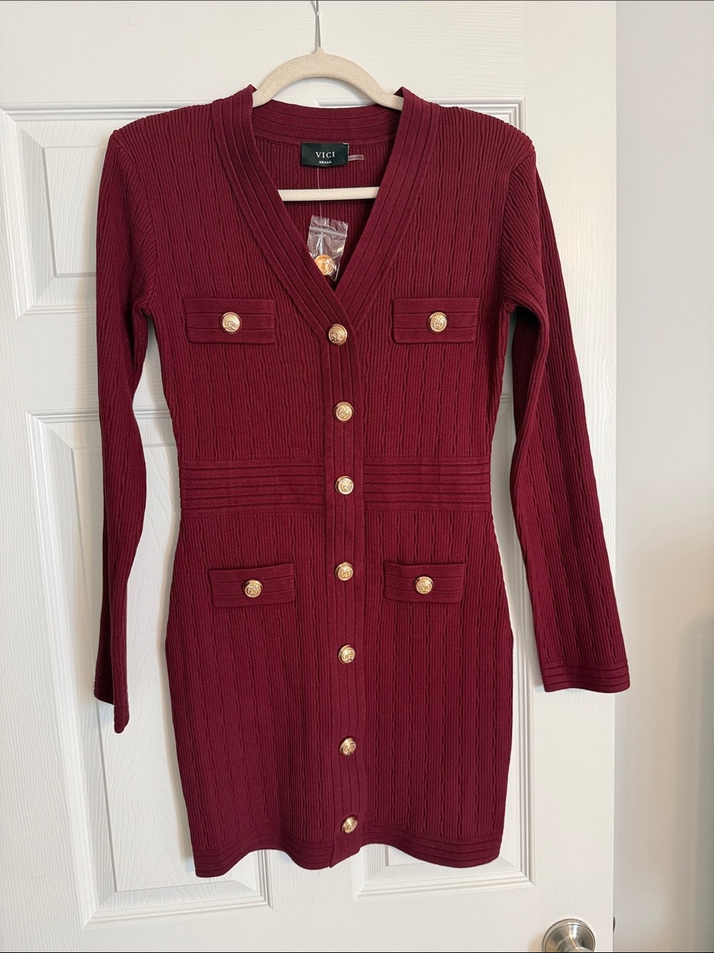 VICI Wine Ribbed Long Sleeve Button-Front Knit Dress with Gold Buttons